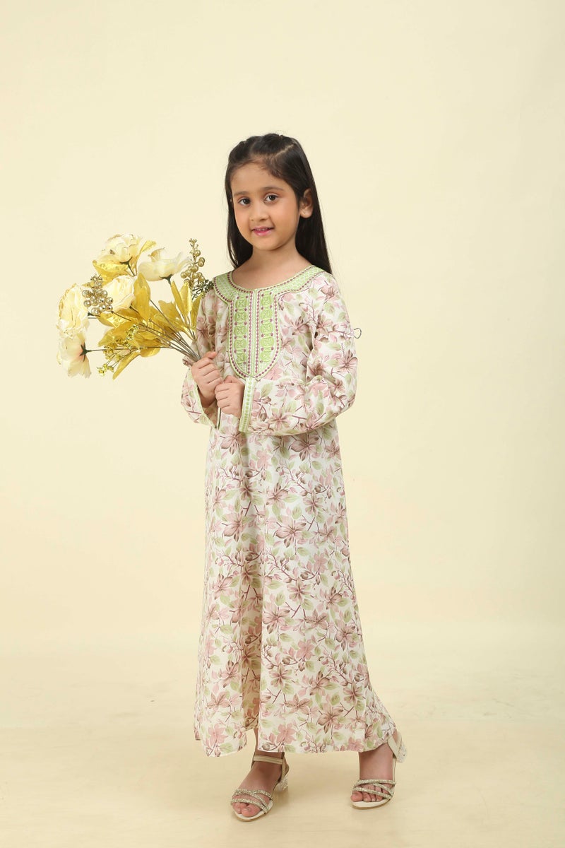 HANA & SARA Girls Arabic Floral Print Jalabiya – Modest Long Sleeve Ethnic Dress with Embroidered Neckline - Image 5